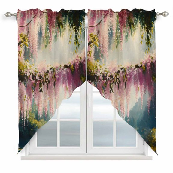 Swag Valance Curtains for Windows, Forest Lake Light Filtering Kitchen Curtains with Rod Pocket, Pink Cherry Blossom Painting Spring Summer Window Treatment Valances for Living Room, 36x36 - 2 PCS