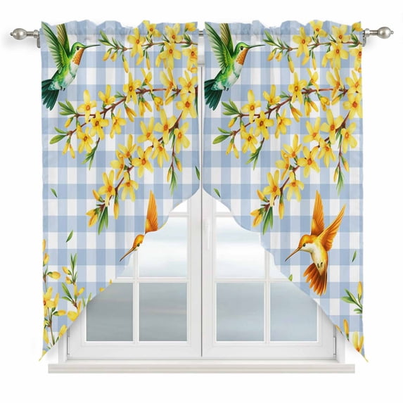 Swag Valance Curtains for Windows, Forsythia Flowers Light Filtering Kitchen Curtains, Spring Yellow Floral Hummingbird Blue Plaid Window Treatment Valances for Living Room, 36x63 - 2 PCS