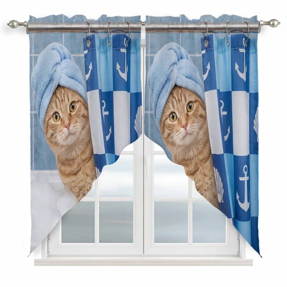 Swag Valance Curtains for Windows, Funny Cat Light Filtering Kitchen Curtains with Rod Pocket, Cute Art Modern Lovely Animals on Showering Blue Window Treatment Valances, 28x36 - 2 PCS