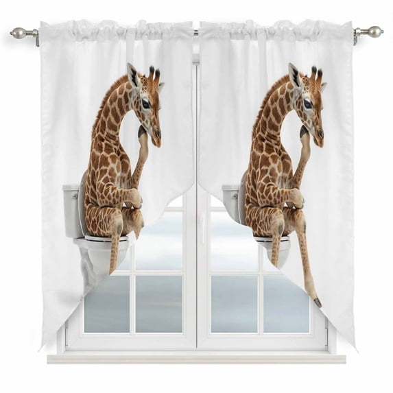 Swag Valance Curtains for Windows, Funny Giraffes Light Filtering Kitchen Curtains with Rod Pocket, Cute Art Fun Lovely Animals on Toilets Window Treatment Valances for Living Room, 36x45 - 2 PCS