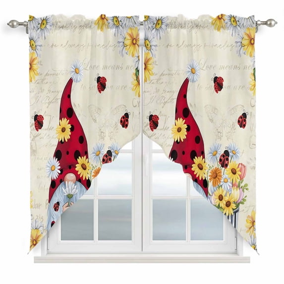 Swag Valance Curtains for Windows, Gnomes Light Filtering Kitchen Curtains with Rod Pocket, White Yellow Daisy Floral Country Garden Floral Window Treatment Valances for Living Room, 28x36 - 2 PCS