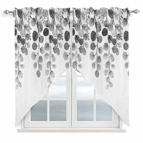 Swag Valance Curtains for Windows, Gray Eucalyptus Leaves Light Filtering Kitchen Curtains with Rod Pocket, Watercolor Floral Leaf Plants Window Treatment Valances for Living Room, 36x45 - 2 PCS