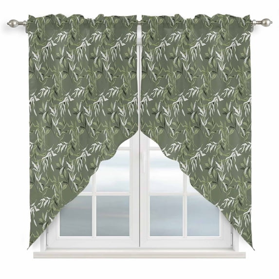 Swag Valance Curtains for Windows, Green Botanical Leaves Light Filtering Kitchen Curtains with Rod Pocket, Spring Eucalyptus Modern Window Treatment Valances for Living Room, 28x36 - 2 PCS
