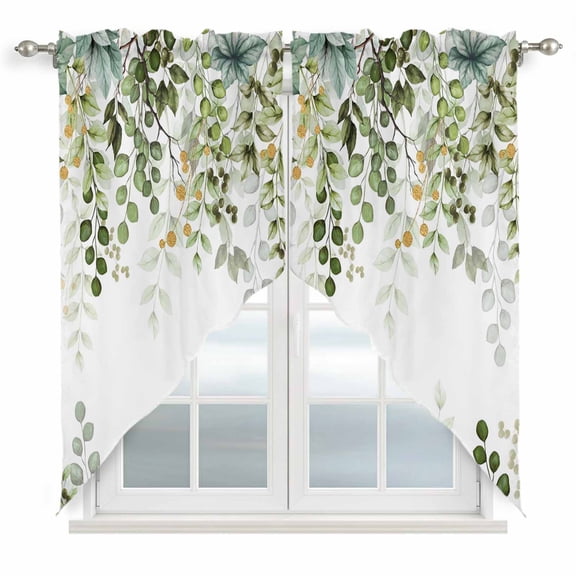 Swag Valance Curtains for Windows, Green Eucalyptus Leaves Light Filtering Kitchen Curtains with Rod Pocket, Summer Botanical Weeping Window Treatment Valances for Living Room, 36x36 - 2 PCS