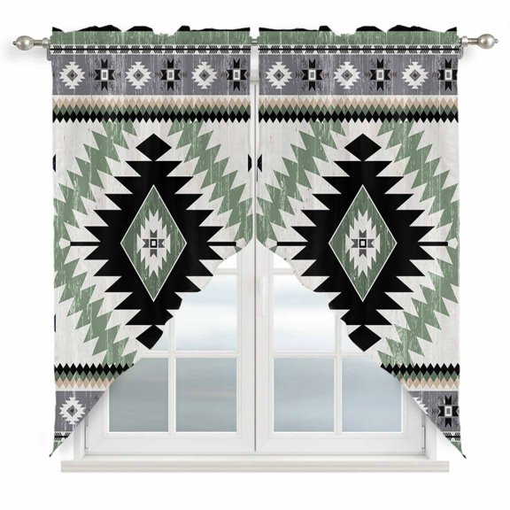 Swag Valance Curtains for Windows, Green Gray Boho Light Filtering Kitchen Curtains with Rod Pocket, Southwestern Ethnic Abstract Geometric Window Treatment Valances for Living Room, 36x36 - 2 PCS