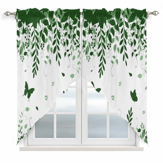 Swag Valance Curtains for Windows, Green Spring Botanical Light Filtering Kitchen Curtains with Rod Pocket, Weeping Eucalyptus Butterfly Window Treatment Valances for Living Room, 28x36 - 2 PCS
