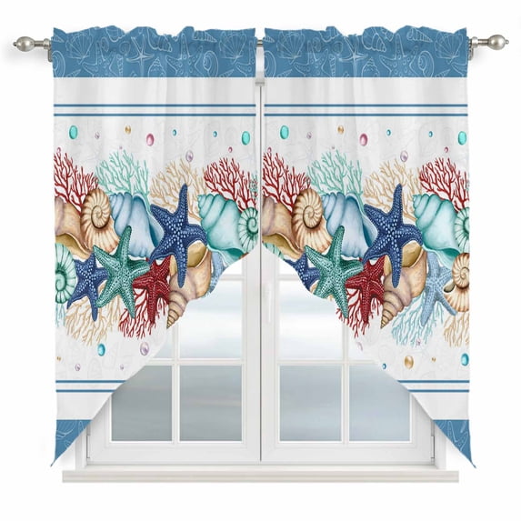 Swag Valance Curtains for Windows, Green Starfish Summer Light Filtering Kitchen Curtains with Rod Pocket, Ocean Coral Conch Blue Shells Window Treatment Valances for Living Room, 36x63 - 2 PCS