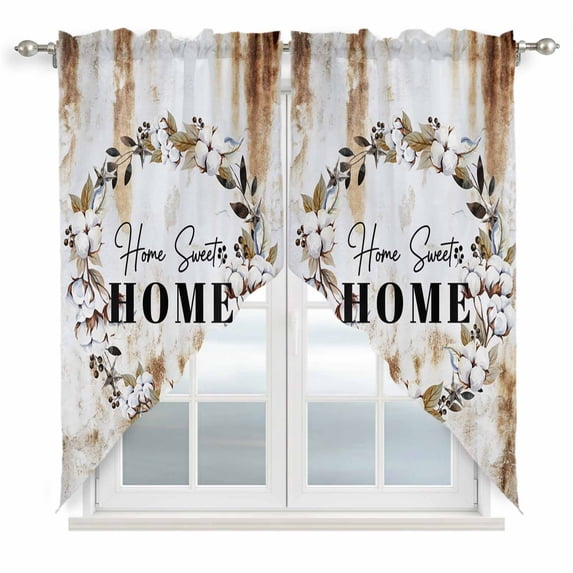 Swag Valance Curtains for Windows, Home Sweet Light Filtering Kitchen Curtains, Wreath Botanical Farmhouse Plants Gradient Brown Window Treatment Valances for Living Room, 36x36 - 2 PCS
