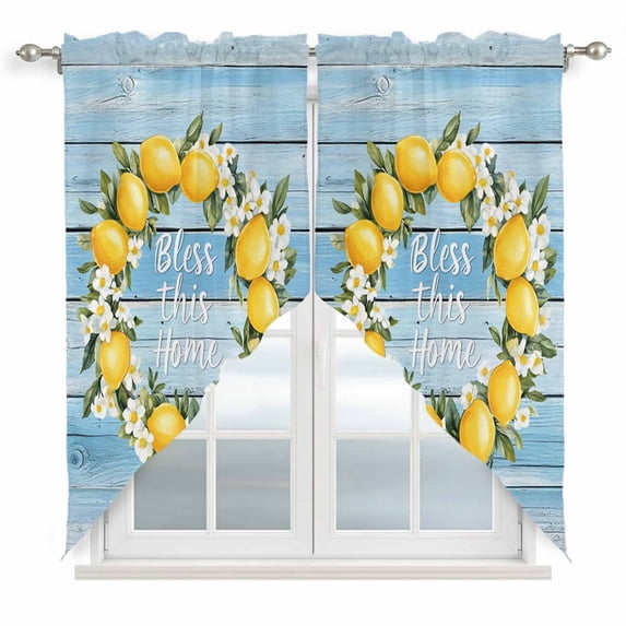 Swag Valance Curtains for Windows, Lemon Wreath Light Filtering Kitchen Curtains with Rod Pocket, Farmhouse Blue Wooden Floral Decorative Window Treatment Valances for Living Room, 36x36 - 2 PCS