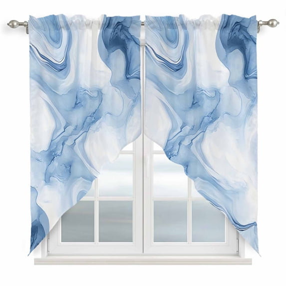 Swag Valance Curtains for Windows, Marble Blue Light Filtering Kitchen Curtains with Rod Pocket, Abstract Modern Minimalist Solid Ombre Window Treatment Valances for Living Room, 28x36 - 2 PCS