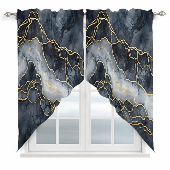 Swag Valance Curtains for Windows, Marble Light Filtering Kitchen Curtains with Rod Pocket, Navy Blue Modern Luxury Gold Texture Decorative Window Treatment Valances for Living Room, 36x45 - 2 PCS
