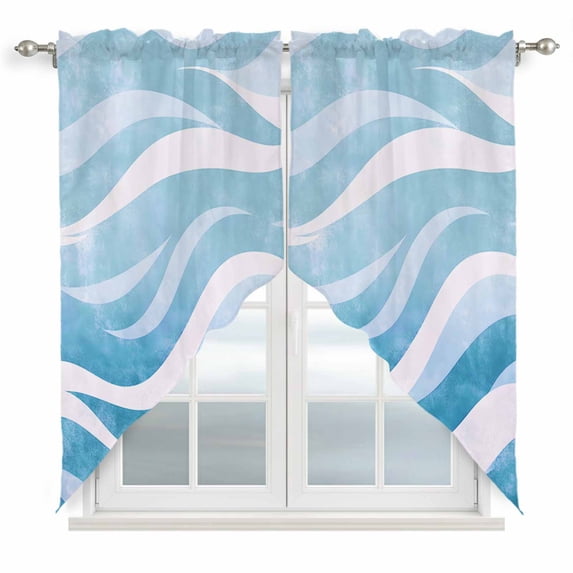 Swag Valance Curtains for Windows, Moire Blue Ombre Light Filtering Kitchen Curtains with Rod Pocket, Abstract Art Waves Stripe Decorative Window Treatment Valances for Living Room, 36x45 - 2 PCS