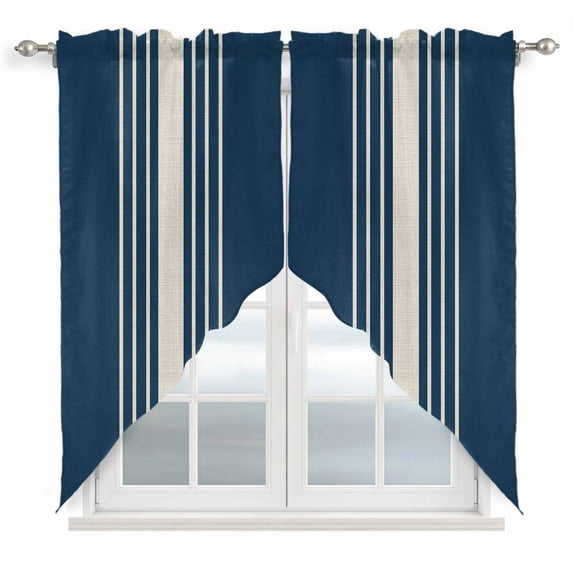 Swag Valance Curtains for Windows, Navy Blue Beige Striped Light Filtering Kitchen Curtains with Rod Pocket, Modern Farmhouse Retro Lines Window Treatment Valances for Living Room, 36x63 - 2 PCS