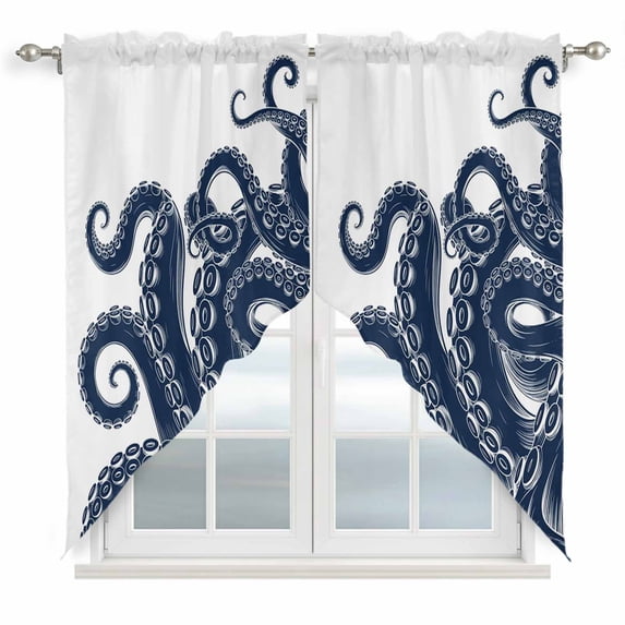Swag Valance Curtains for Windows, Navy Blue Octopus Light Filtering Kitchen Curtains with Rod Pocket, Coastal Ocean Animals Nautical Window Treatment Valances for Living Room, 36x36 - 2 PCS