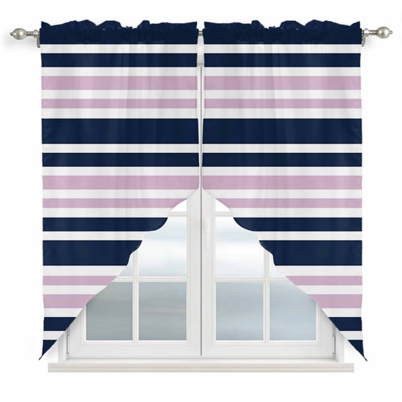 Swag Valance Curtains for Windows, Navy Blue Pink Striped Light Filtering Kitchen Curtains with Rod Pocket, Gradient Horizontal Lines Window Treatment Valances for Living Room, 36x36 - 2 PCS