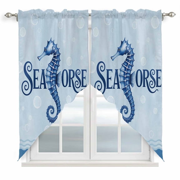 Swag Valance Curtains for Windows, Navy Blue Seahorse Light Filtering Kitchen Curtains with Rod Pocket, Summer Coastal Bubbles Ocean Waves Window Treatment Valances for Living Room, 28x36 - 2 PCS