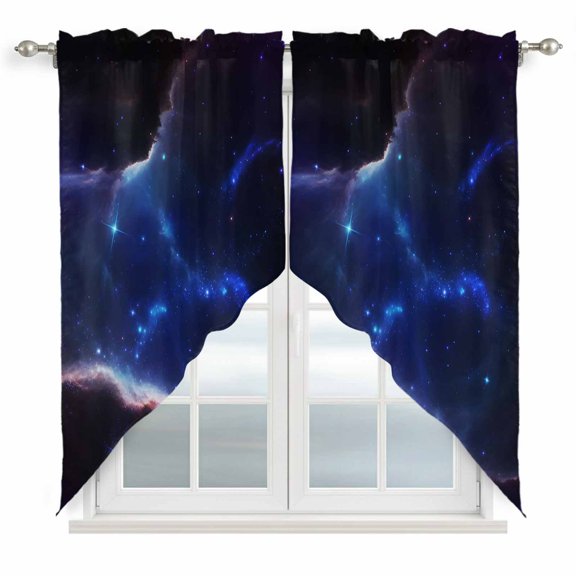 Swag Valance Curtains for Windows, Navy Blue Sky Light Filtering Kitchen Curtains with Rod Pocket, Modern Art Stars Decorative Window Treatment Valances for Living Room, 28x36 - 2 PCS