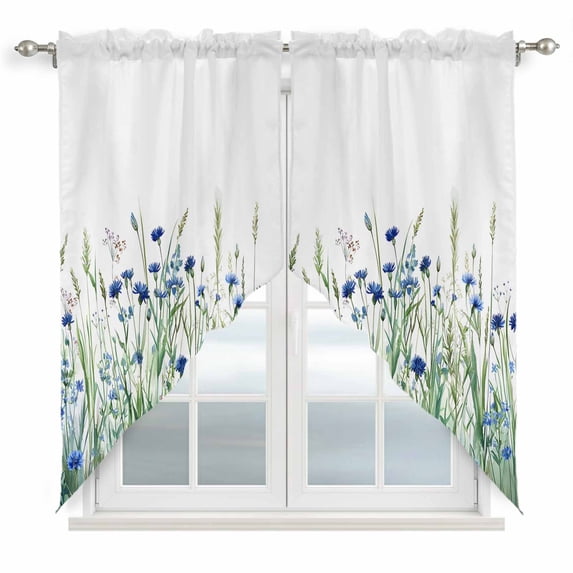 Swag Valance Curtains for Windows, Navy Blue Wildflowers Light Filtering Kitchen Curtains with Rod Pocket, Spring Pastoral Botanical Floral Window Treatment Valances for Living Room, 28x36 - 2 PCS