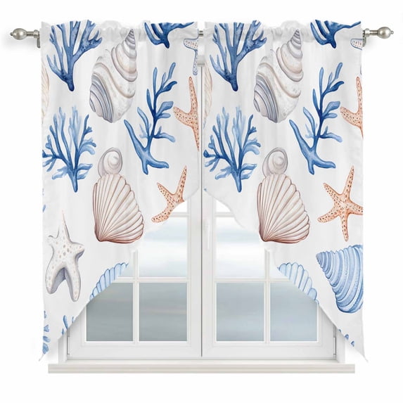 Swag Valance Curtains for Windows, Ocean Coastal Light Filtering Kitchen Curtains with Rod Pocket, Blue Coral Shell Starfish Beach Summer Window Treatment Valances for Living Room, 36x36 - 2 PCS