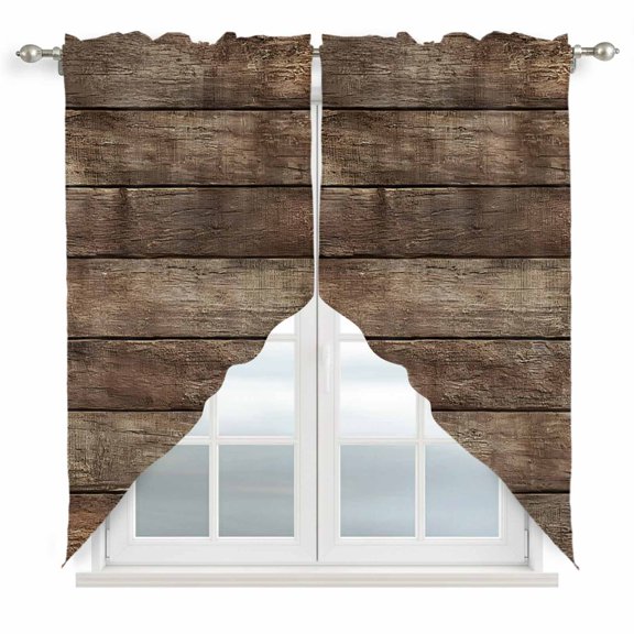 Swag Valance Curtains for Windows, Old Wooden Board Light Filtering Kitchen Curtains with Rod Pocket, Rustic Farmhouse Brown Wooden Plank Window Treatment Valances for Living Room, 36x36 - 2 PCS