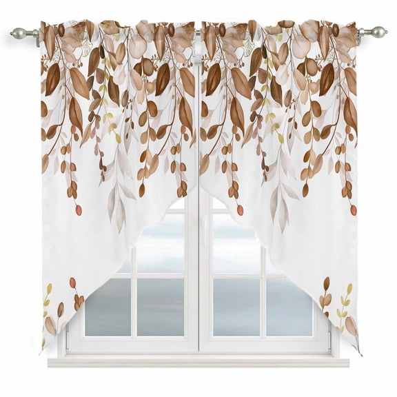 Swag Valance Curtains for Windows, Orange Brown Eucalyptus Light Filtering Kitchen Curtains with Rod Pocket, Watercolor Spring Weeping Botanical Window Treatment Valances, 36x36 - 2 PCS