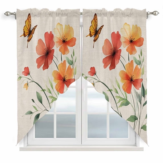 Swag Valance Curtains for Windows, Orange Red Flowers Light Filtering Kitchen Curtains with Rod Pocket, Farmhouse Pastoral Botanical Window Treatment Valances for Living Room, 28x36 - 2 PCS