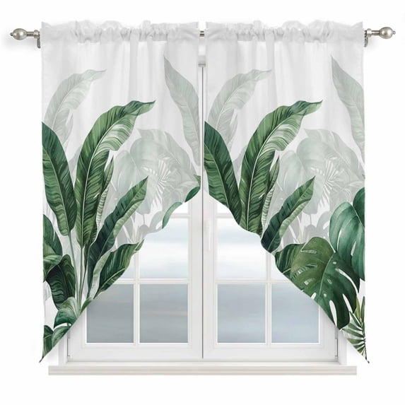 Swag Valance Curtains for Windows, Palm Leaves Tropical Light Filtering Kitchen Curtains with Rod Pocket, Green Botanical Summer Decorative Window Treatment Valances for Living Room, 28x36 - 2 PCS