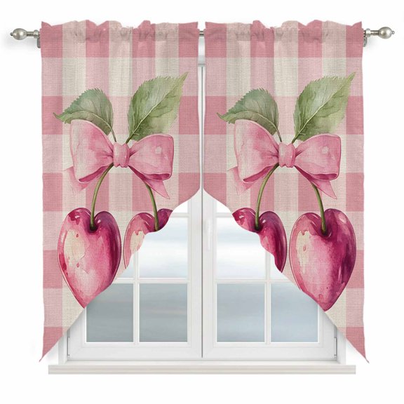 Swag Valance Curtains for Windows, Pink Cherry Light Filtering Kitchen Curtains with Rod Pocket, Pastoral Pink Check Bow Fruit Painting Window Treatment Valances for Living Room, 36x36 - 2 PCS