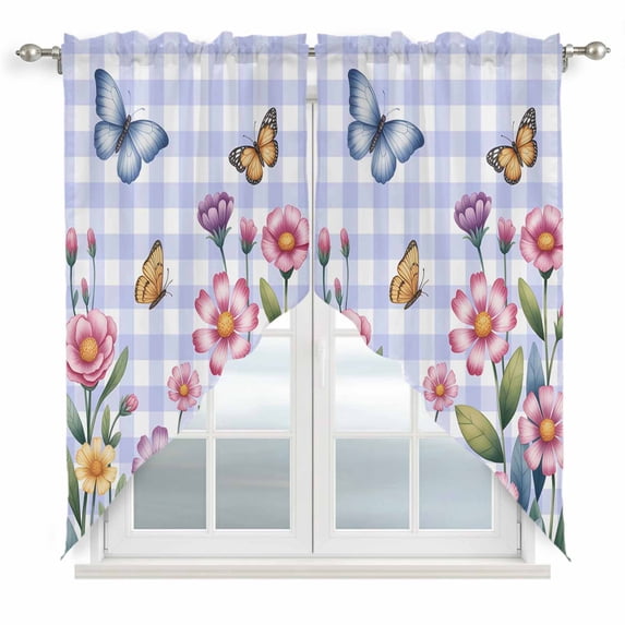 Swag Valance Curtains for Windows, Pink Flowers Light Filtering Kitchen Curtains with Rod Pocket, Spring Floral Butterfly Leaves Plants Blue Plaid Window Treatment Valances, 36x63 - 2 PCS