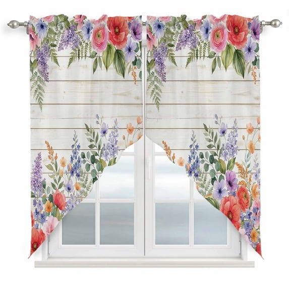 Swag Valance Curtains for Windows, Pink Flowers Light Filtering Kitchen Curtains with Rod Pocket, Spring Floral Elegant Pastoral Wooden Window Treatment Valances for Living Room, 36x45 - 2 PCS