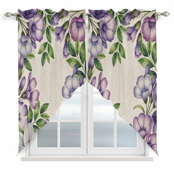 Swag Valance Curtains for Windows, Purple Flowers Light Filtering Kitchen Curtains with Rod Pocket, Spring Leaves Floral Plants Beige Window Treatment Valances for Living Room, 36x45 - 2 PCS