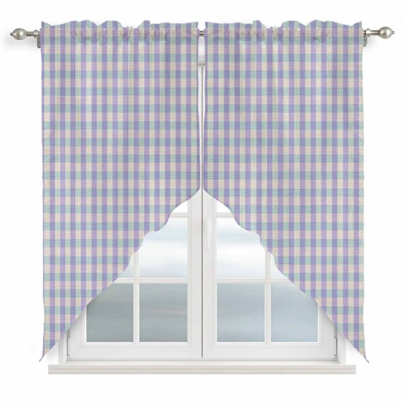 Swag Valance Curtains for Windows, Purple Light Filtering Kitchen Curtains with Rod Pocket, Grid Checkered Plaid Gingham Lattice Trellis Window Treatment Valances for Living Room, 28x36 - 2 PCS
