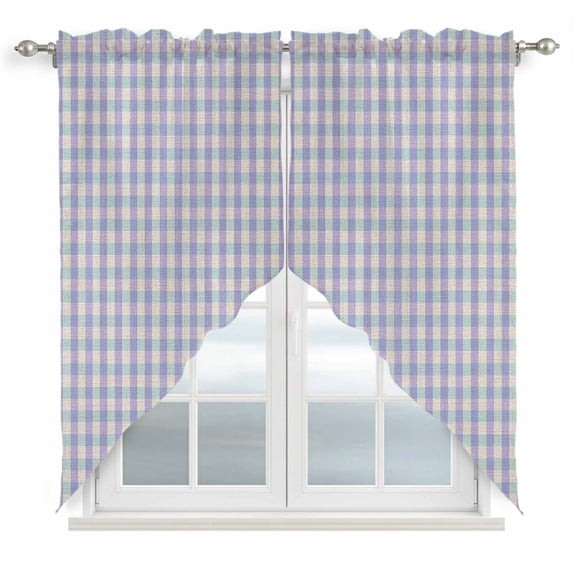 Swag Valance Curtains for Windows, Purple Light Filtering Kitchen Curtains with Rod Pocket, Grid Checkered Plaid Gingham Lattice Trellis Window Treatment Valances for Living Room, 36x36 - 2 PCS