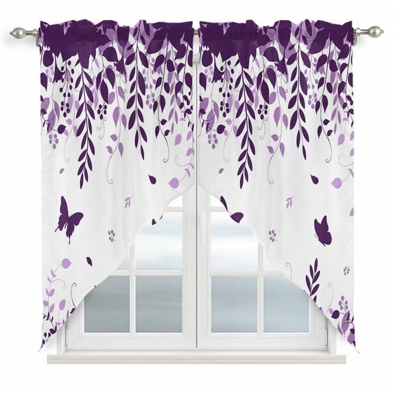 Swag Valance Curtains for Windows, Purple Spring Botanical Light Filtering Kitchen Curtains with Rod Pocket, Weeping Eucalyptus Butterfly Window Treatment Valances for Living Room, 28x36 - 2 PCS