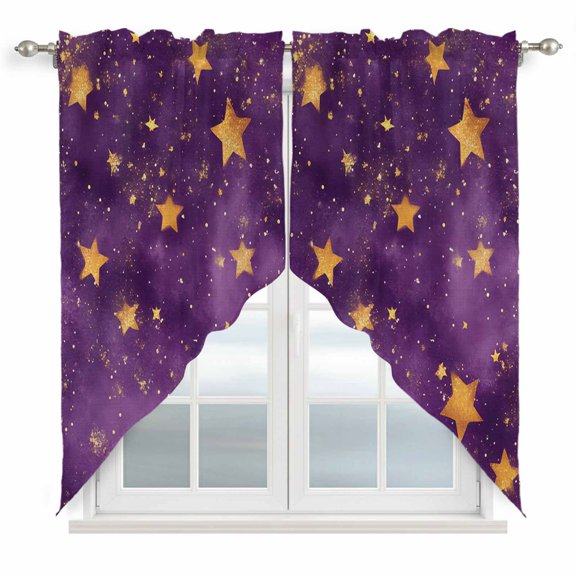 Swag Valance Curtains for Windows, Purple Starry Sky Light Filtering Kitchen Curtains with Rod Pocket, Yellow Retro Star Decorative Window Treatment Valances for Living Room, 36x36 - 2 PCS
