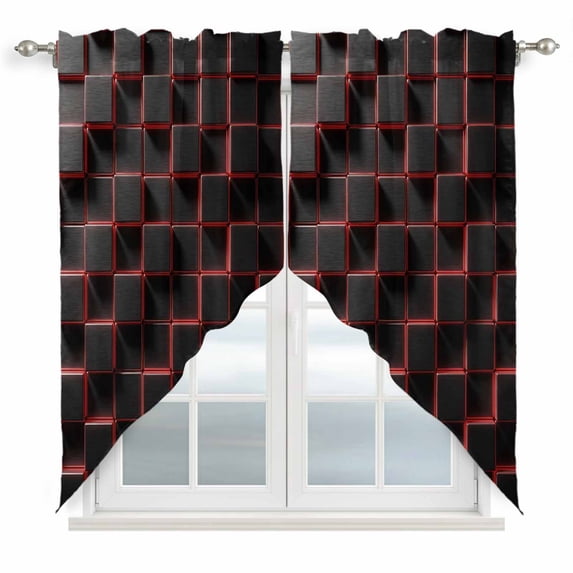Swag Valance Curtains for Windows, Red Black Cubes Light Filtering Kitchen Curtains with Rod Pocket, Modern Geometric Abstract Art Decorative Window Treatment Valances for Living Room, 36x63 - 2 PCS