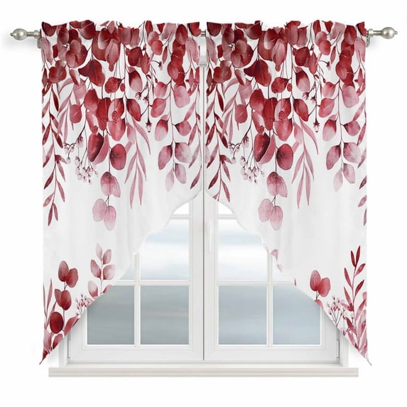 Swag Valance Curtains for Windows, Red Eucalyptus Leaves Light Filtering Kitchen Curtains with Rod Pocket, Spring Summer Botanical Decorative Window Treatment Valances for Living Room, 36x63 - 2 PCS