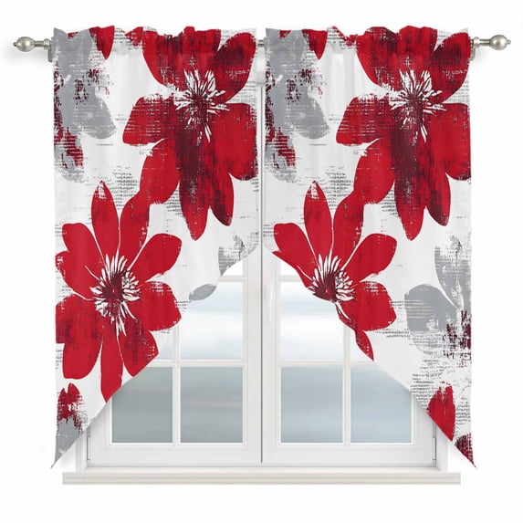 Swag Valance Curtains for Windows, Red Spring Floral Light Filtering Kitchen Curtains with Rod Pocket, Summer Flowers Botanical Decorative Window Treatment Valances for Living Room, 36x45 - 2 PCS