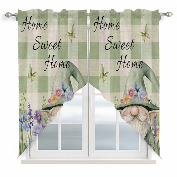 Swag Valance Curtains for Windows, Rustic Gnome Light Filtering Kitchen Curtains with Rod Pocket, Spring Flowers Butterfly Green Check Window Treatment Valances for Living Room, 28x36 - 2 PCS