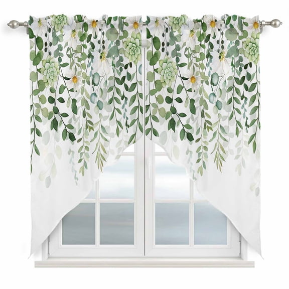 Swag Valance Curtains for Windows, Sage Green Eucalyptus Leaves Light Filtering Kitchen Curtains, Summer Weeping Floral Botanical Window Treatment Valances for Living Room, 36x36 - 2 PCS