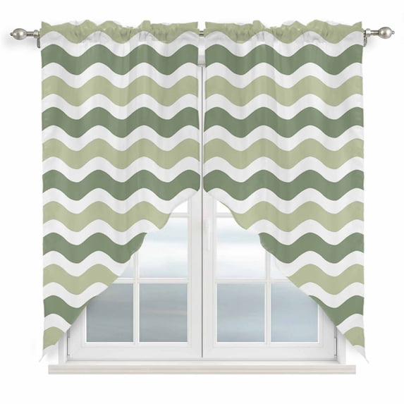 Swag Valance Curtains for Windows, Sage Green Light Filtering Kitchen Curtains with Rod Pocket, Abstract Geometric Ocean Wave Stripe Window Treatment Valances for Living Room, 36x63 - 2 PCS