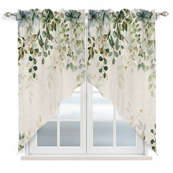 Swag Valance Curtains for Windows, Sage Green Light Filtering Kitchen Curtains with Rod Pocket, Eucalyptus Leaves Decorative Window Treatment Valances for Living Room, 28x36 - 2 PCS