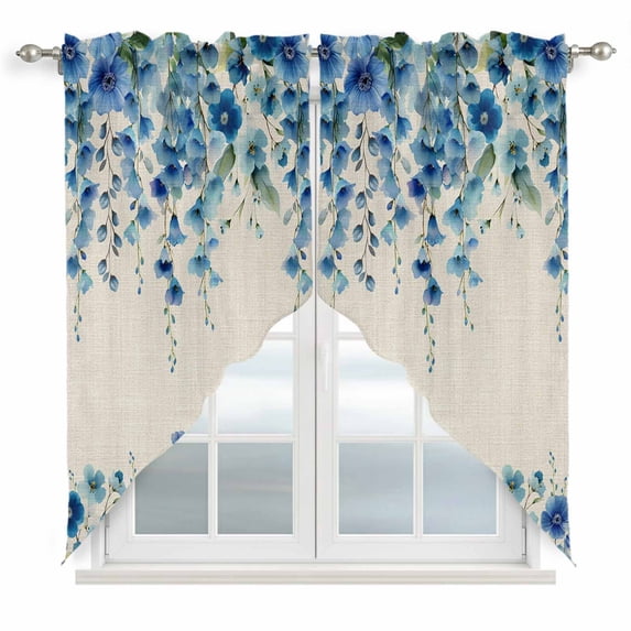 Swag Valance Curtains for Windows, Spring Blue Floral Light Filtering Kitchen Curtains, Farmhouse Weeping Floral Leaves Burlap Window Treatment Valances for Living Room, 28x36 - 2 PCS