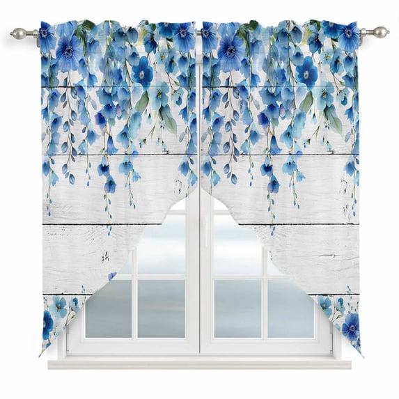 Swag Valance Curtains for Windows, Spring Blue Floral Light Filtering Kitchen Curtains with Rod Pocket, Farmhouse Weeping Floral Leaves Wood Window Treatment Valances for Living Room, 36x45 - 2 PCS