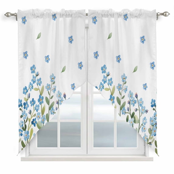 Swag Valance Curtains for Windows, Spring Blue Flowers Light Filtering Kitchen Curtains with Rod Pocket, Leaves Country Plants Farmhouse Window Treatment Valances for Living Room, 36x63 - 2 PCS