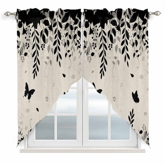 Swag Valance Curtains for Windows, Spring Botanical Light Filtering Kitchen Curtains with Rod Pocket, Black Eucalyptus Butterfly Rustic Window Treatment Valances for Living Room, 36x36 - 2 PCS