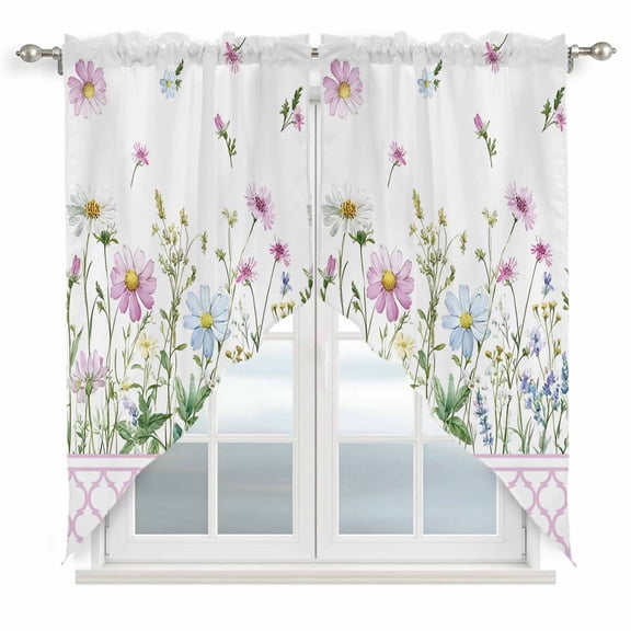 Swag Valance Curtains for Windows, Spring Daisy Light Filtering Kitchen Curtains, Pink Moroccan White Wildflowers Country Plants Window Treatment Valances for Living Room, 36x36 - 2 PCS