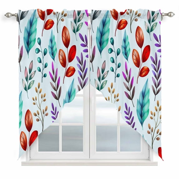 Swag Valance Curtains for Windows, Spring Leaves Light Filtering Kitchen Curtains with Rod Pocket, Watercolor Leaf Botanical Nature Light Blue Window Treatment Valances, 36x63 - 2 PCS