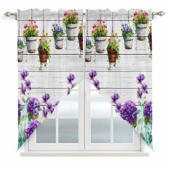 Swag Valance Curtains for Windows, Spring Purple Flowers Light Filtering Kitchen Curtains with Rod Pocket, Botanical Vases Pots Floral Wooden Window Treatment Valances for Living Room, 36x36 - 2 PCS