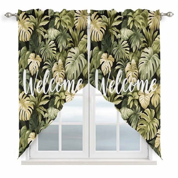 Swag Valance Curtains for Windows, Summer Green Leaf Light Filtering Kitchen Curtains with Rod Pocket, Botanical Watercolor Tropical Plants Window Treatment Valances for Living Room, 28x36 - 2 PCS